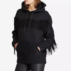 Polo Ralph Lauren Hoodie Leather Fringe XS Black Western Southwestern Pullover